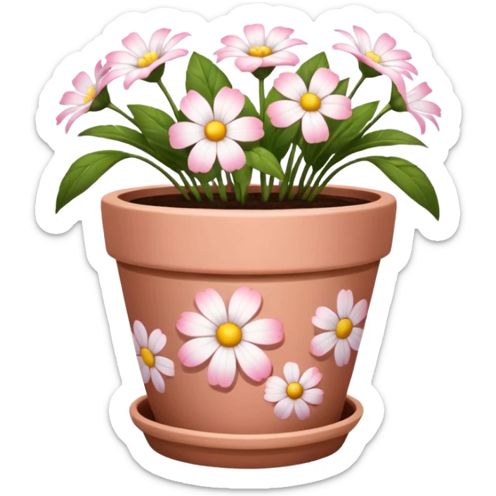 plant pot in terra cota with white and pink flowers print painted on the pot sticker