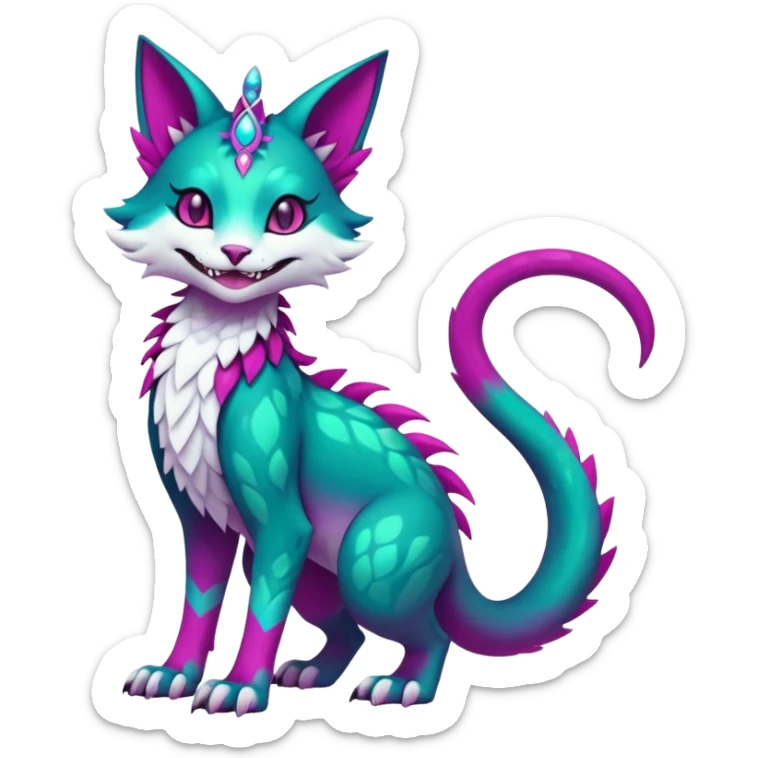 Kawaii colorful iridescent dark-turquoise-green and magenta and white beautiful pretty elegant divine edgy fantasy feline-vernid-sergal-Fakémon-Pokémon-fursona-animal-creature with accessories, full body, with intricate detailed markings sticker