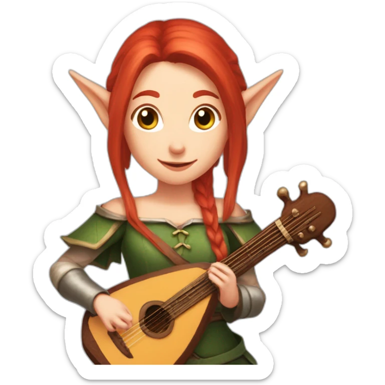 Baldurs gate 3 top half of female elf bard with red hair playing a lute sticker