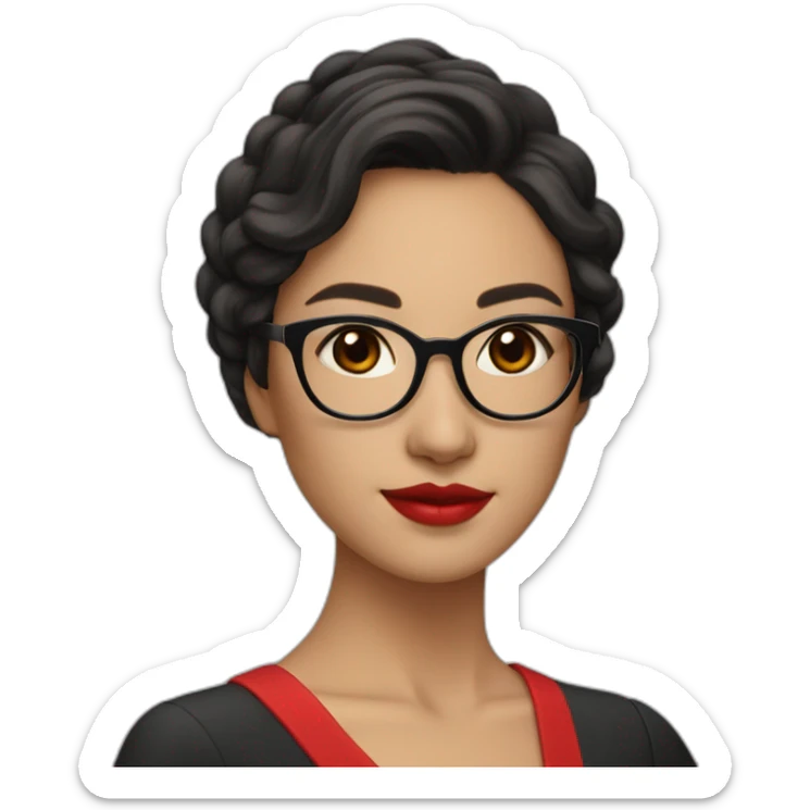 Young woman asiatic teacher, black square hairs, red glasses, red lipstick, red dress, black eyes sticker