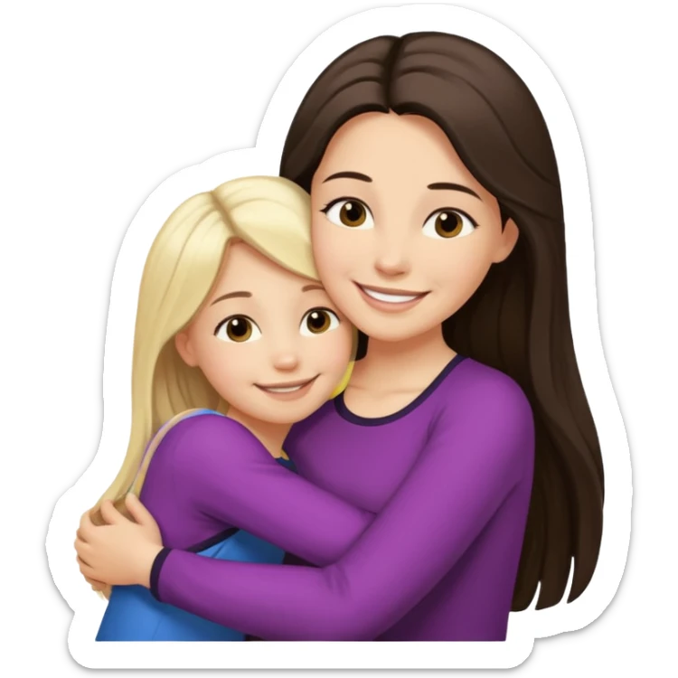 A beautiful mother with long dark brown hair hugging her cute 12yr old blonde hair daughter super happy sticker