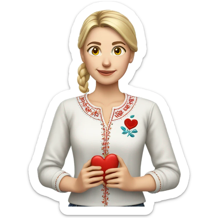 A Ukrainian teacher in an embroidered shirt holds a heart in her hands sticker