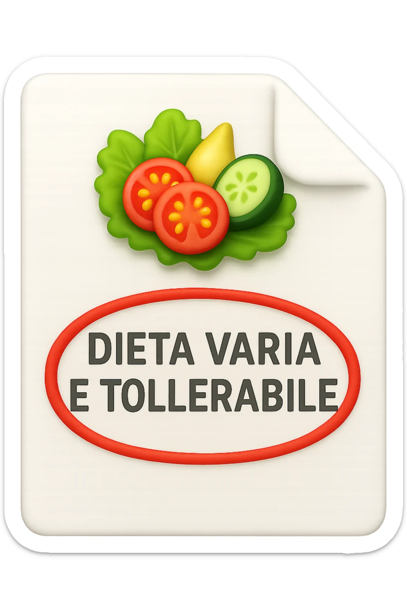 emoji stile iphone di un foglio con un insalata disegnata sopra e la scritta "DIETA VARIA E TOLLERABILE" CERCHIATA IN ROSSO, iperrealistico 4k, isolato su sfondo bianco sticker