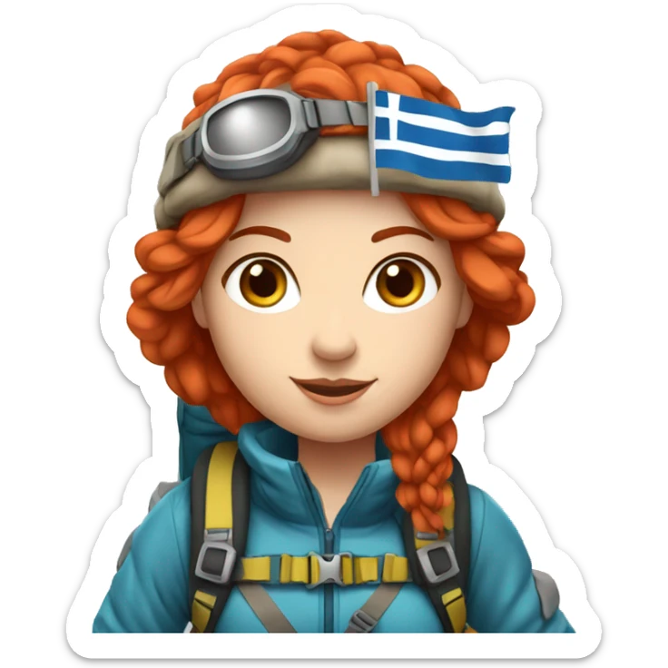 Female winter mountaineer red hair white skin climbing with Greek Flag and Easter eggs basket sticker