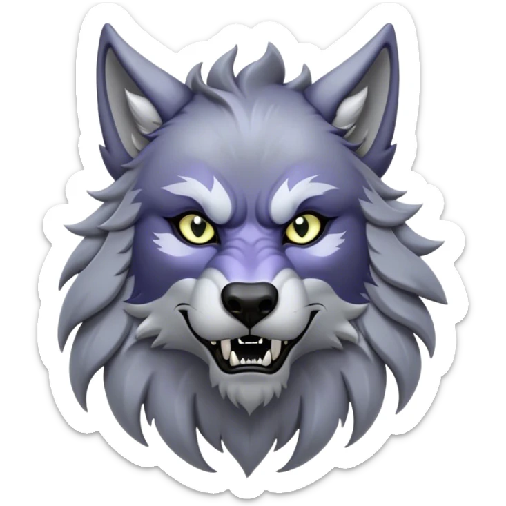Cinematic Noble Werewolf Portrait Emoji, Formidable and majestic, with a powerful lupine silhouette in moonlit grays and silvers, featuring piercing, wise eyes and a dignified snarl that hints at untamed strength, simplified yet intricately detailed, glowing with a soft, lunar outline that encapsulates the noble duality of feral instinct and loyal guardianship! sticker