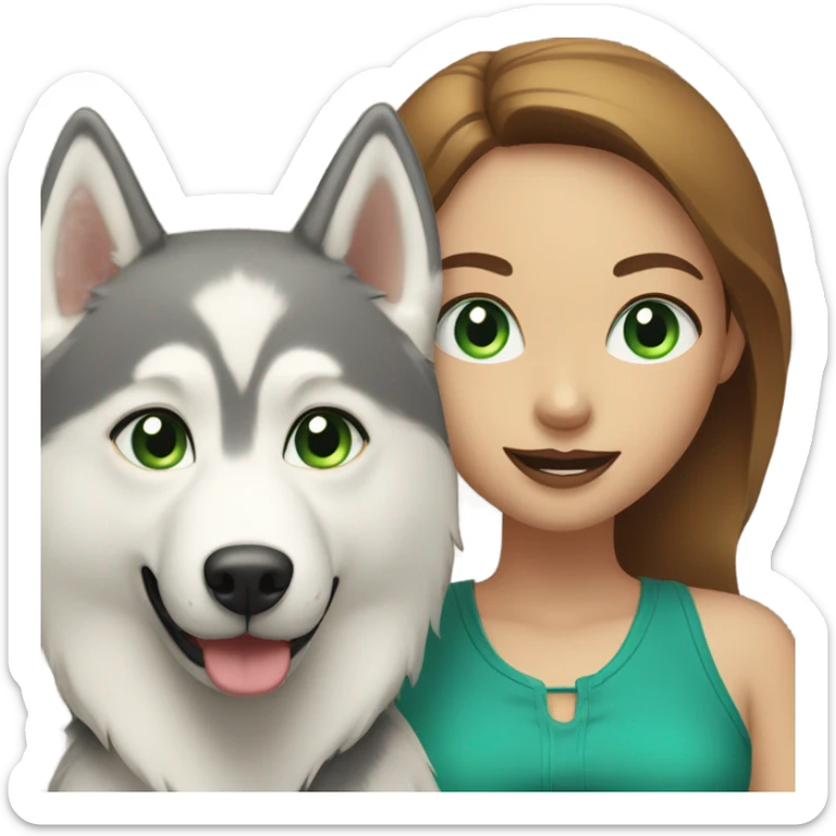 White Woman hair brown and bleus eyes and golden Husky With green eyes sticker