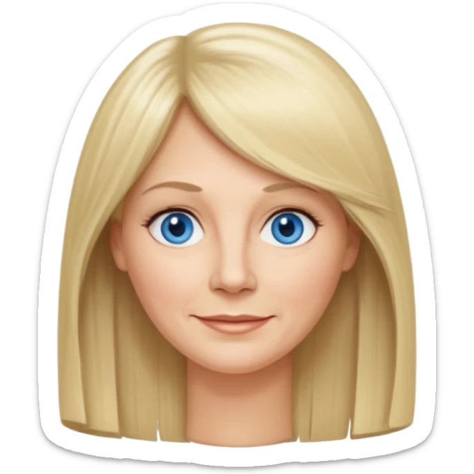 50 yr old white woman, curtain bangs, very long straight blond hair, oval face, small smile, blue eyes, thin face, hair downback, hair parted at center of head, round cheeks, pale, longer hair sticker