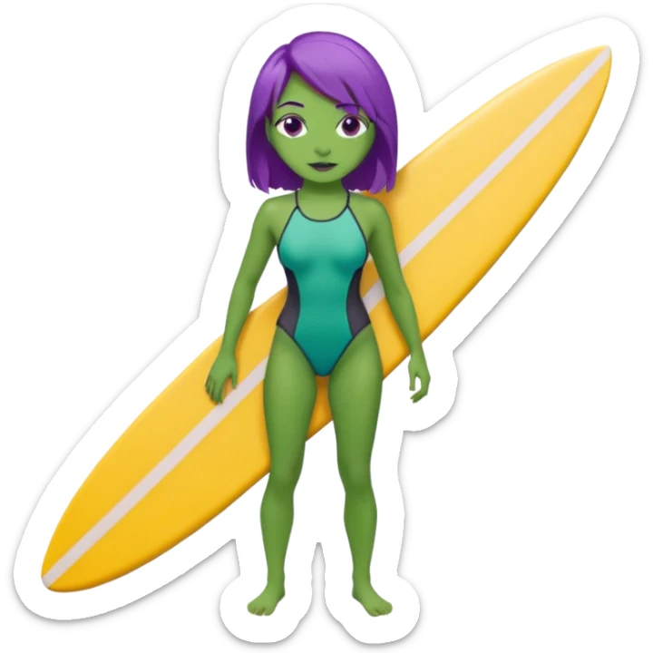 purple hair green skin woman with surfboard sticker