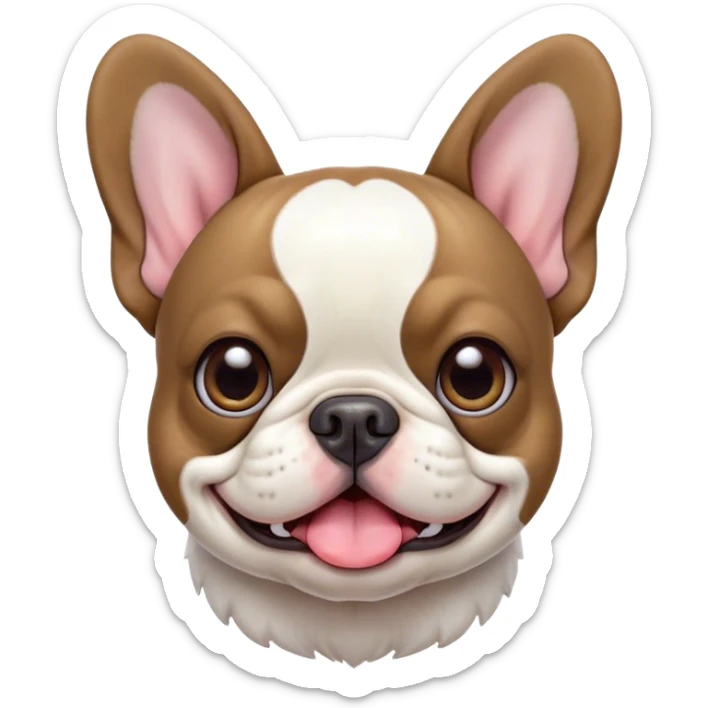 Cinematic Comical Pied French Bulldog Portrait Emoji, Head tilted with an exaggeratedly shocked, comical expression and wide, humorously expressive eyes, showcasing a distinctive pied fur of contrasting hues and a charmingly goofy face, simplified yet hilariously detailed, glowing with a sassy, playful radiance, high shine, exuding a mischievous and meme-worthy charm, styled with a soft glowing outline, capturing the essence of a Pied French Bulldog that looks ready to spark a viral laugh! sticker