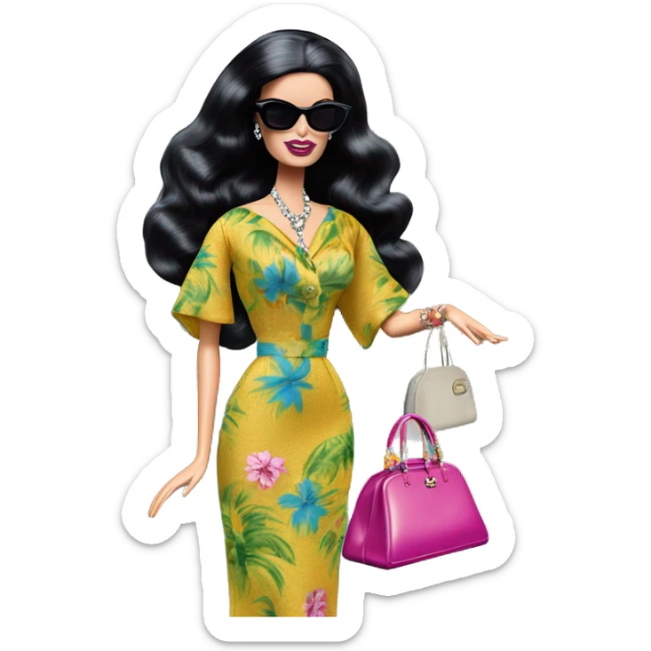 1960’s Palm Beach Breeze Barbie, teen Morticia Addams ,by the pool, white skin, full body visible, wavy hair,handbag, aloof,eyeshadow,earrings,open flowing floral caftan,small 2 piece, sunglasses on top of head, heels,walking Miss Thang sticker