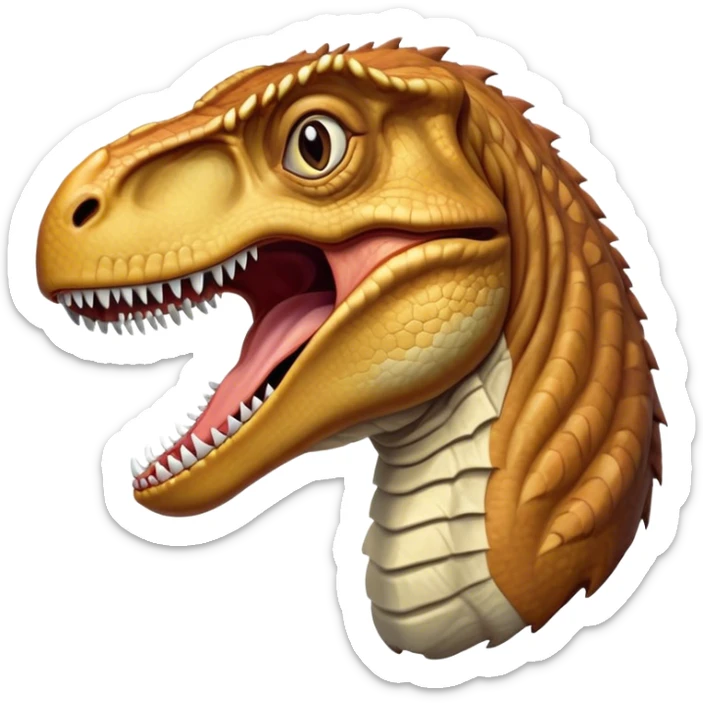 Cinematic Realistic Cute Yawning velociraptor/T-rex Portrait Emoji, Head tilted slightly with a dramatic, wide-open yawn, showcasing a massive, rugged scaled hide with subtly drooping features and half-closed, drowsy eyes rendered in authentic prehistoric detail, high shine, relaxed yet expressive, styled with a dash of ancient charm, soft glowing outline, capturing the essence of a sleepy yet affectionate velociraptor/T-rex that appears ready to stretch out and settle into a timeless nap! sticker