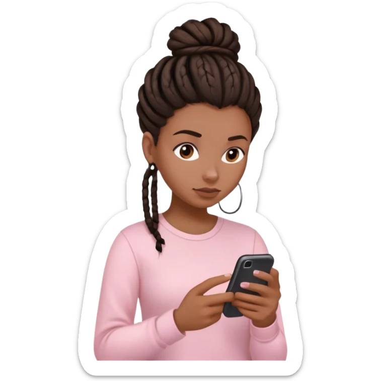 Dark brown woman wearing a light pink shirt and dreadlocks in bun texting on a Light pink phone sticker