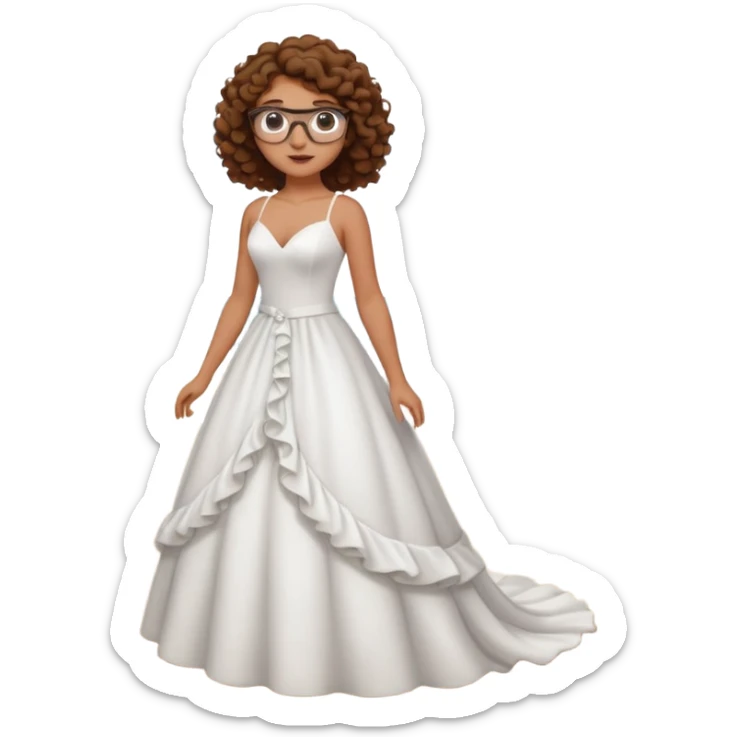 Chica blanca, pelo rizado, gafas, vestido novia playa cuerpo entero, pelo castaño sticker