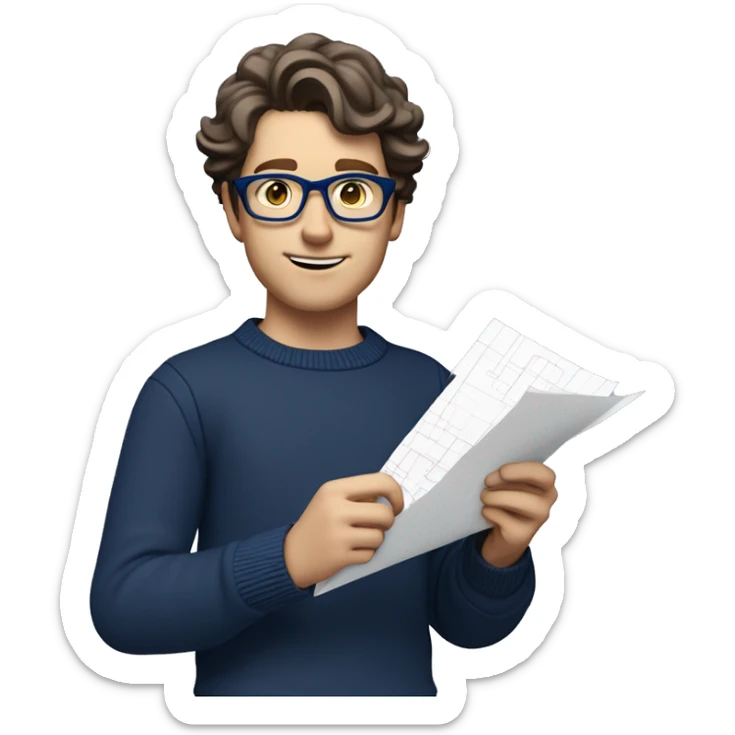 caucasian white boy with dark wavy  hair, blue glasses, and carrying design paper plan because he is an architect carrying a pencil and a set model maquette. wearing a navy blue long sleeve sweater shirt. smart.  sticker