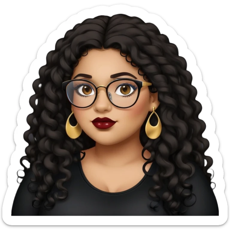 teen big plus size, latina, darker tan skin, gold earrings, long black curly hair, baddie,pretty, makeup, dark red lipgloss, black eyeliner, long hair, black top, black glasses sticker