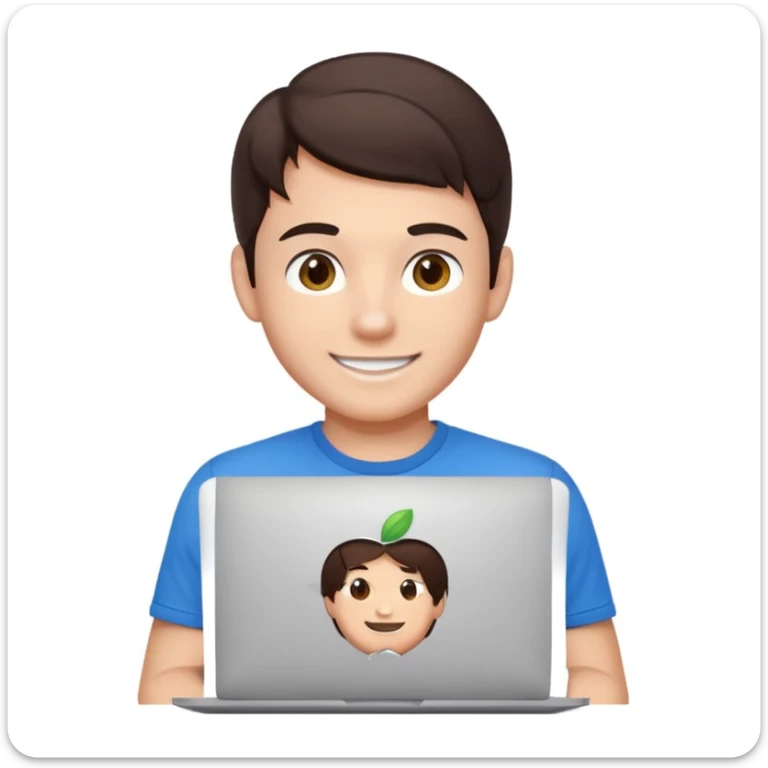 apple-style emoji of a young male software engineer, dark brown hair, hazel eyes, dimple, smiling and winking, tech t-shirt, using a MacBook with Apple logo, light gray background sticker