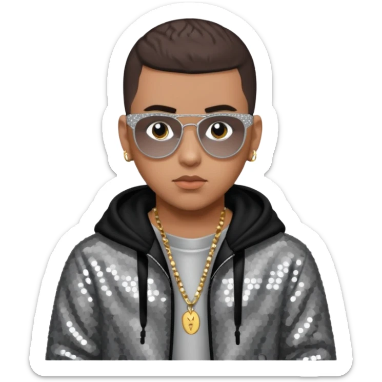 Bad Bunny, Puerto Rican Rapper with dark brown hair, gray sequin outfit sticker