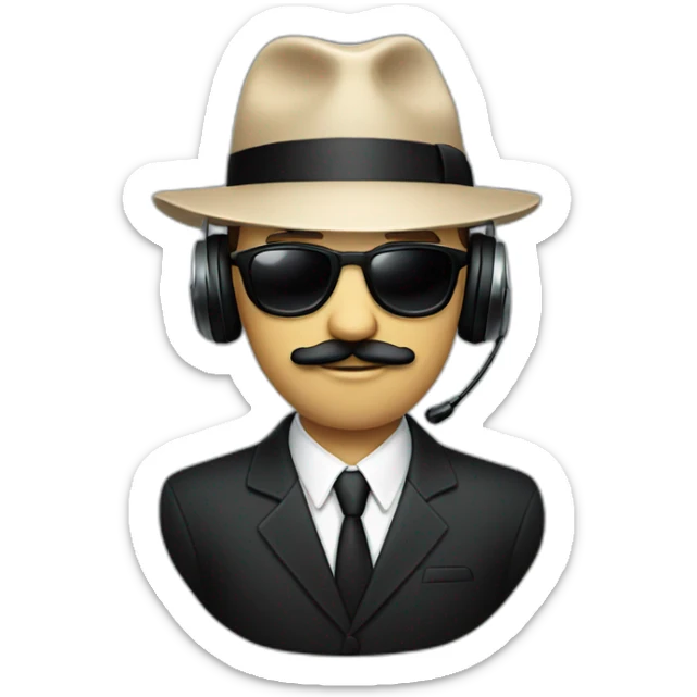 A man with a beige skin, a black suit, a tie, a fedora hat, headphones, black sunglasses and a mustache sticker