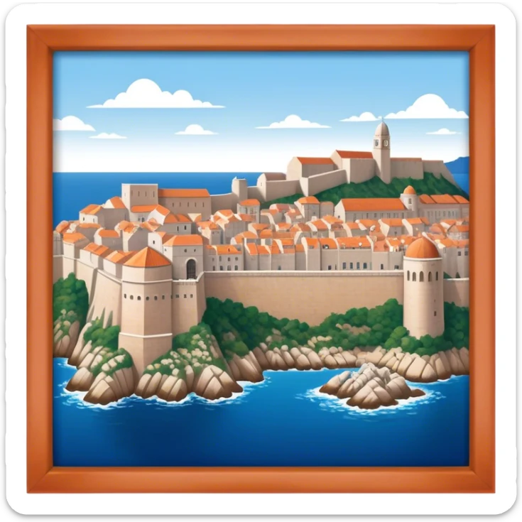 Cinematic Realistic Dubrovnik Landmark Emoji, showcasing the historic walled city with its terracotta rooftops, stone fortifications, and the deep blue Adriatic Sea stretching beyond. sticker