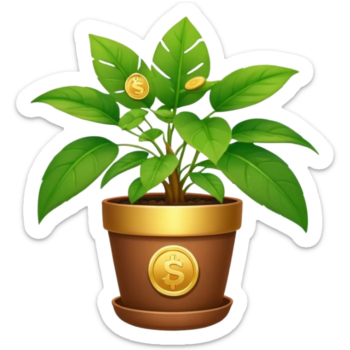 houseplant with lots of coins growing on leaves in a pot sticker