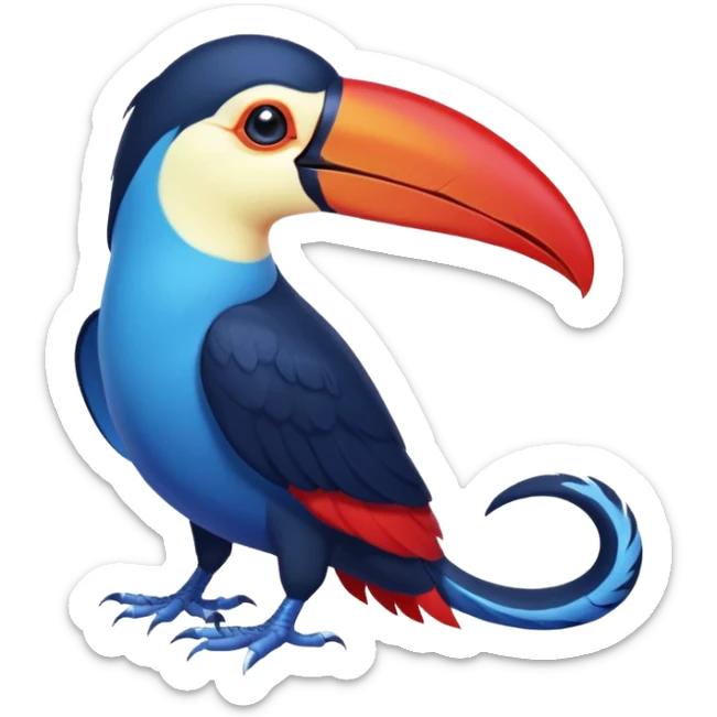 Blue tropical toucan-fakemon-bird, with red long beak, with a short blue lizard-tail curled inwards, Genshin Impact’s Dusk Bird sticker