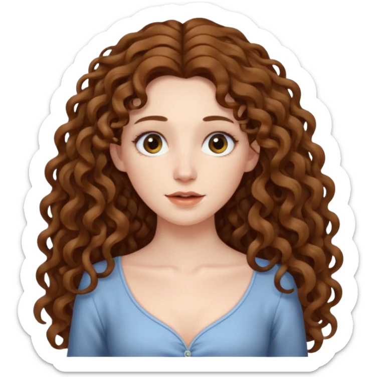 pale woman with brown curly very long hair, middle part. the hair is very long, waist length, but you can't see her waist sticker