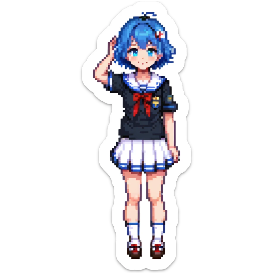 Pixel art anime girl with short bright blue hair wearing Japanese sailor style school uniform, trying to look confident with hand on hip but shyly waving with other hand, blushing cheeks and avoiding eye contact sticker