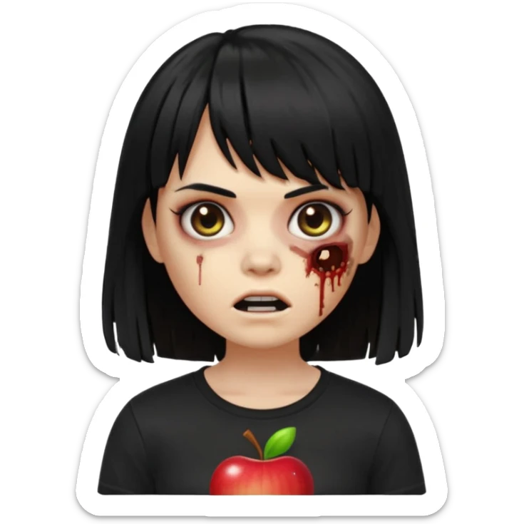 uma garota zumbi no formato Memoji da apple com o cabelo cumprido, preto liso e com franja, blusa preta sticker