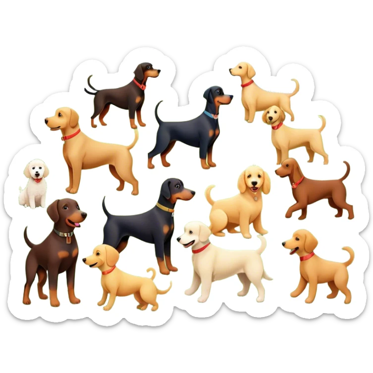 Collage of various dog breeds like Doberman, Poodle, Dachshund, and Golden Retriever, playing in a park with trees and grass. Some dogs run, others sit, all are full of energy and happiness. A joyful, colorful scene with playful expressions. Transparent background. sticker