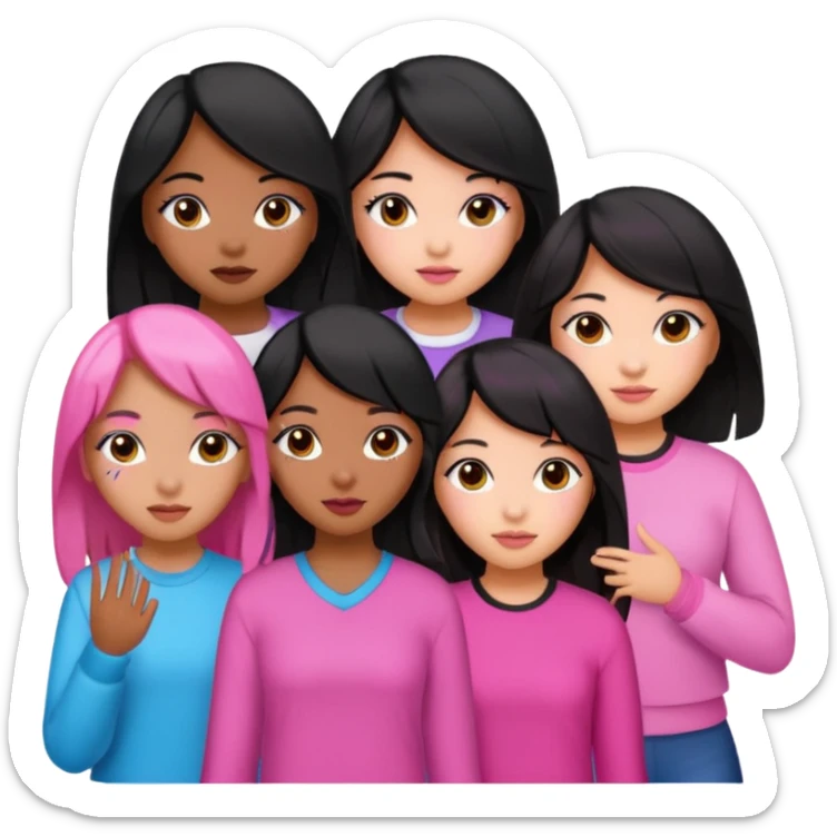 Katseye music group 6 members all girl 2 brown girl 1 korean 1 latina 1 girl with black hair pink highlights sticker