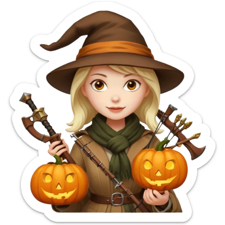 female human monster hunter emoji, wearing brown coat and hat, holding crossbow, soft smile, scarf, glowing pumpkin by her side, Halloween fantasy style, clean vector Apple emoji look, bright colors, white background, square sticker