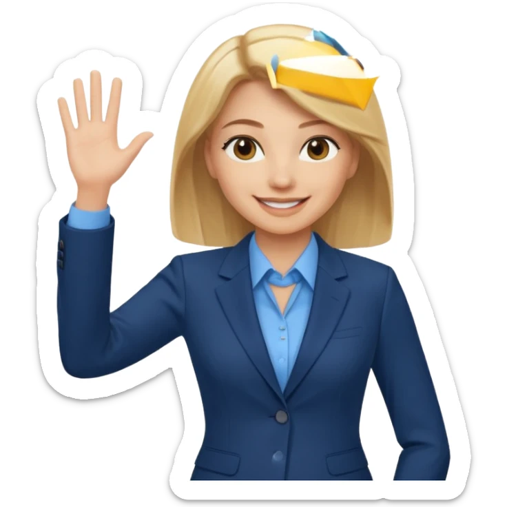 Make emoji of business woman with light skin and medium blonde hair in a dark blue business suit and light blue shirt waiving to new clients sticker