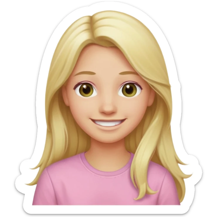 blonde with long hair and swamp-colored eyes, wearing a pastel pink shirt, smiling, iOS Apple emoji style sticker