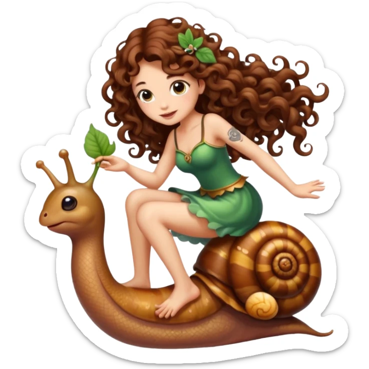 cute fairy woman long curly brown hair tattoos riding tiny snail sticker
