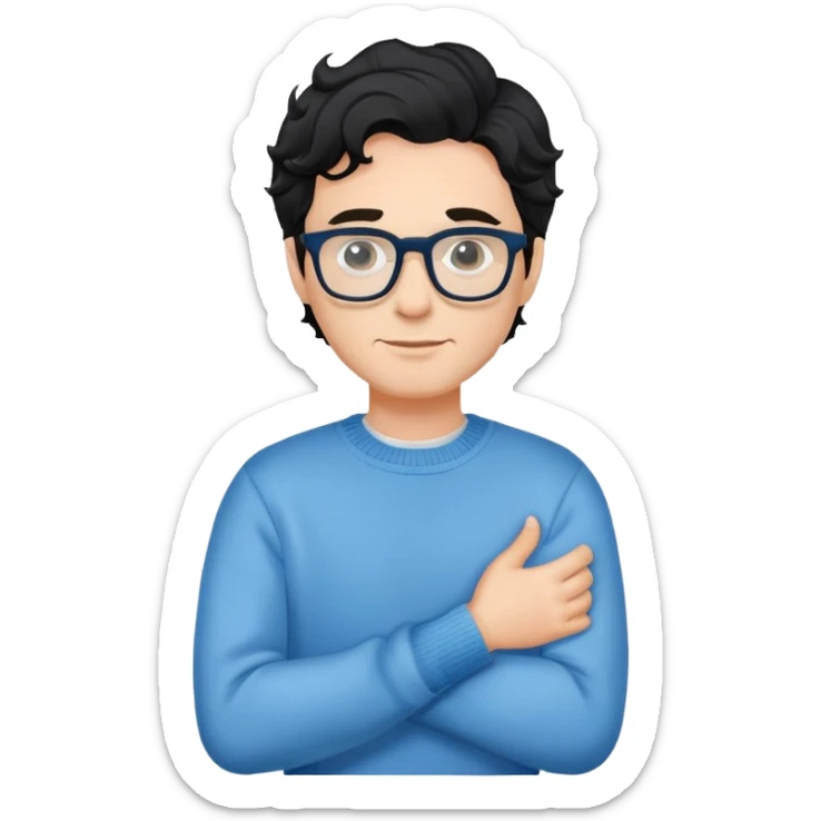 Caucasian man with black wavy hair wearing glasses and a long sleeve blue sweater sticker
