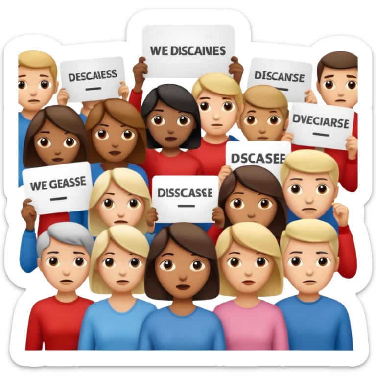 a crowd of people with unhappy faces and holding placards with the inscription: we disagree sticker