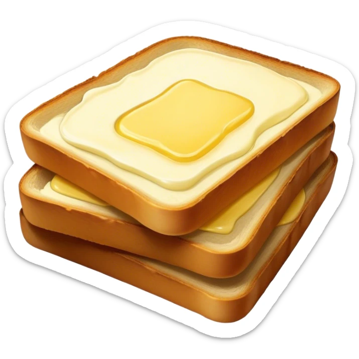 Cinematic warm toasted bread, golden-brown edges, butter melting into the surface, slightly crispy texture, simple and comforting, warm glowing background, inviting and homely. sticker