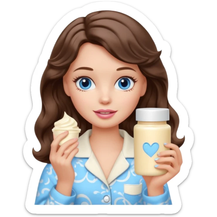 Barbie girl with makeup, blue eyes , and bob long haircut wavy, short brown hair in creamy color pajamas, face cream in hand sticker