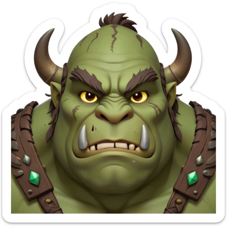 Cinematic Noble Ogre Portrait Emoji, Majestic and imposing, with a rugged, muscular form in deep earthy greens and browns, adorned with battle scars and subtle tribal markings, exuding calm, noble strength and unexpected wisdom, simplified yet strikingly detailed, glowing with a shadowy outline that captures the essence of a gentle giant with fierce heart! sticker