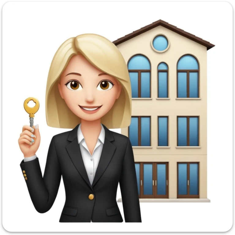 woman in a business suit, smiling, holding keys, Dubai-style modern townhouse in background sticker