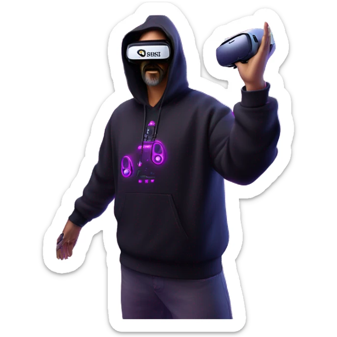 Big Lebowski wearing a black hoodie with "OMG" letters on it and VR headset oculus quest 2 in a cyberpunk VR environment with violet neon lighting. Showing direction with hand sticker