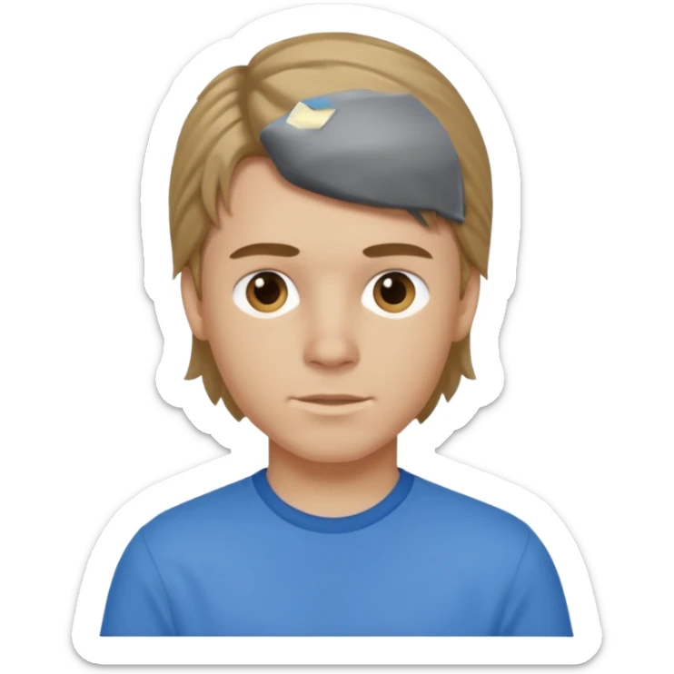 boy with dark blonde hair in a mullet with a neat blue shirt (blouse) sticker