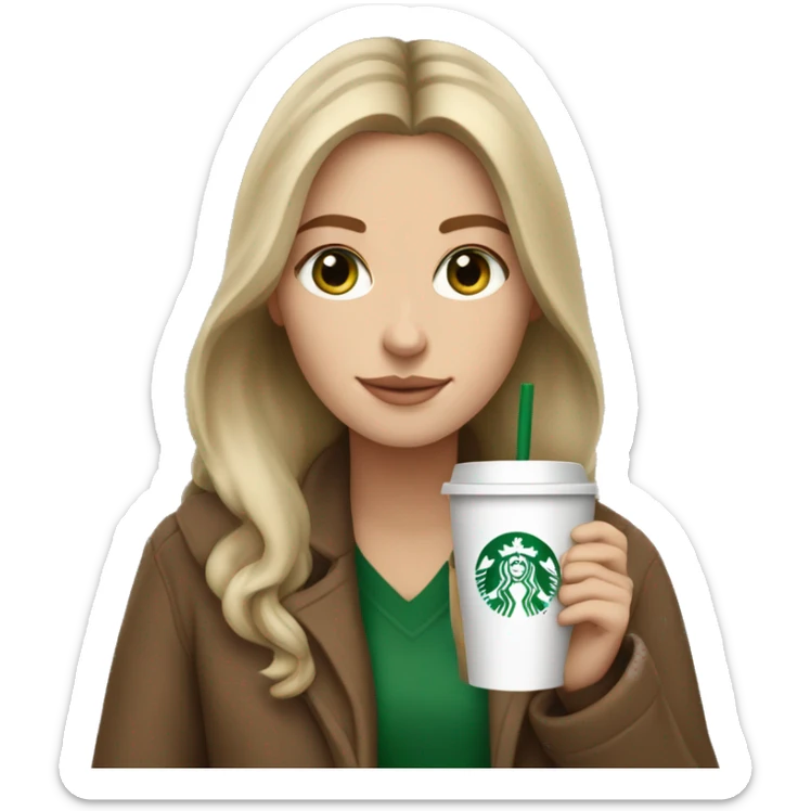 A white girl with brown and long hair, green eyes, with a beige coat, drink a starbucks coffe sticker