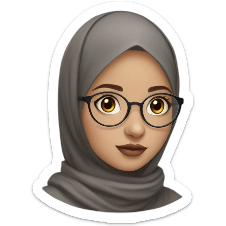 Black hijab white fair skin girl brown eyes wearing round circular metal glasses no make up big cheeks almond eyes pink lips sticker