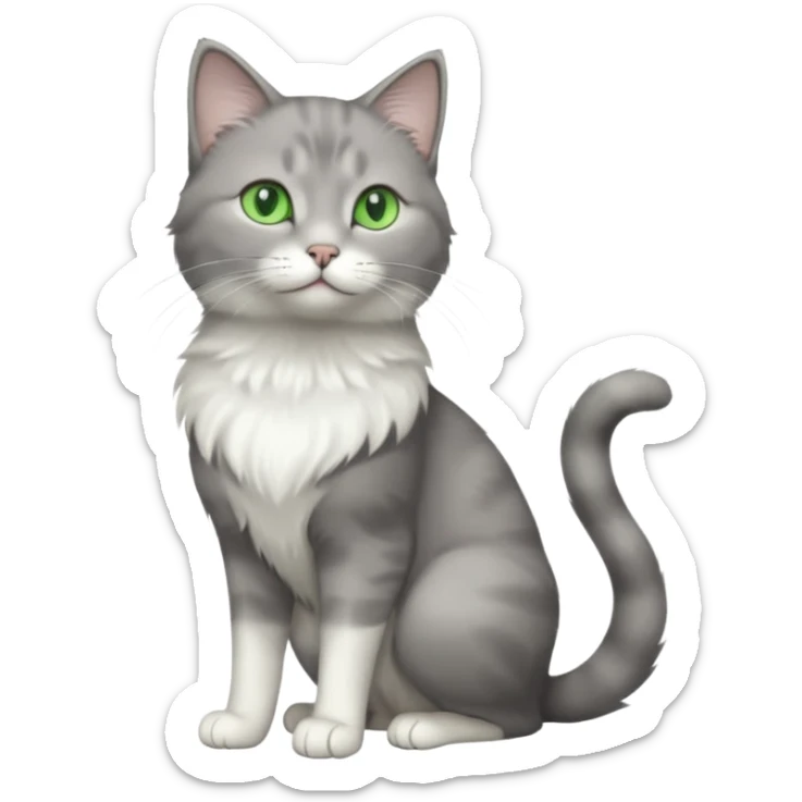 full body view of beautiful female grey cat with green eyes, white toes and white chest sticker