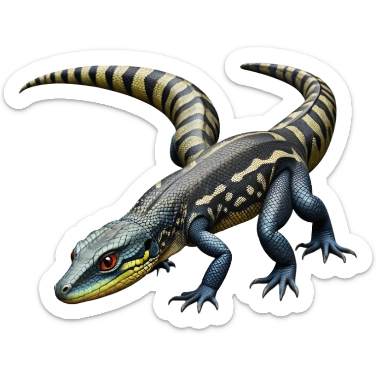 cinematic-monitor-lizard-realistic-full-body-standing on all fours-emoji,-long-powerful-tail-dragging-slightly-behind,-sleek-scaled-body-textured-with-rich-patterns and stripes,-head-tilted-dramatically,-dark-intense-eyes-observing-its-surroundings,-simplified-yet-realistic-focused-features,-highly-detailed,-glowing-with-an-almost-sarcastic-glow sticker