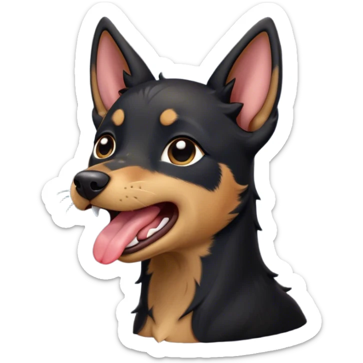 Cinematic Cute Yawning Black and Tan Kelpie Portrait Emoji, Head tilted slightly with a dramatic, wide-open yawn, showcasing a smooth black Fur with distinct tan accents, floppy ears slightly drooping, round dark eyes barely open in drowsy contentment, Simplified yet irresistibly adorable features, highly detailed, glowing with a soft, cozy glow, high shine, relaxed yet expressive, stylized with a touch of whimsy, bright and endearing, soft glowing outline, capturing the essence of a sleepy yet affectionate herder, so drowsy it feels like it could stretch out of the screen and curl up for a nap! sticker