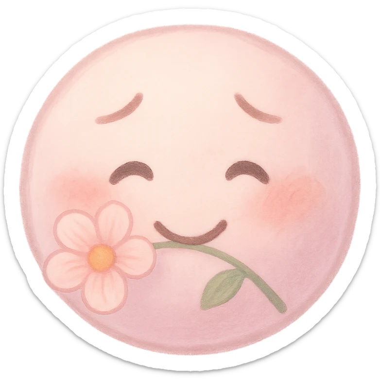 pretty pink emoji face with a flower held gently in its mouth, sweet and bashful expression, soft pastel colors sticker