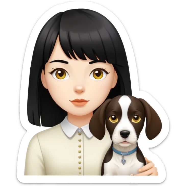girl with long black  straight bangs hair and tococo a Springer dog  and yellow bull terrier sticker