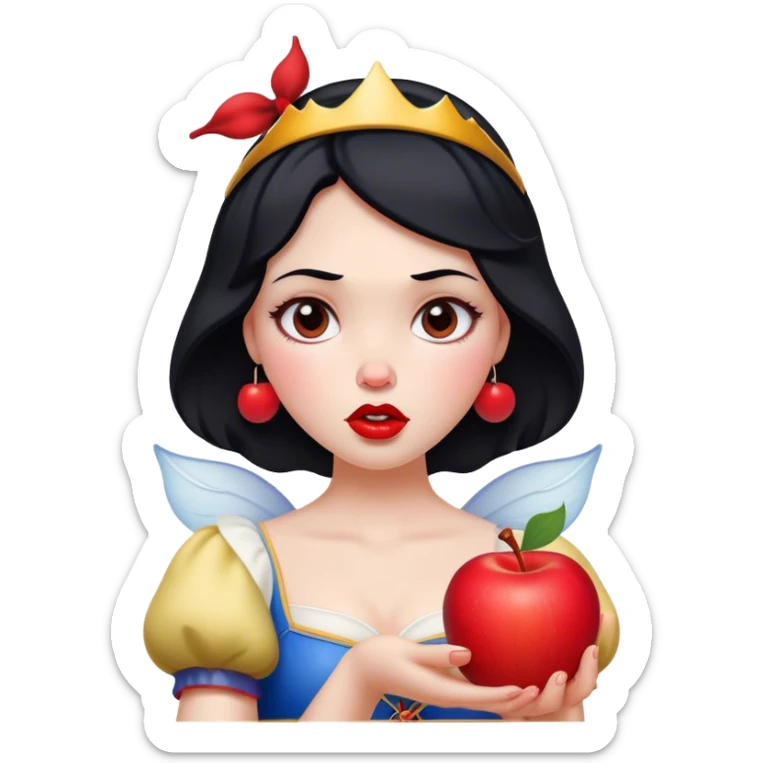 Cinematic Funny Snow White Portrait Emoji, Holding an apple with a suspicious expression, one eyebrow raised, lips pursed as if questioning her life choices, a hilariously relatable fairy tale moment! sticker
